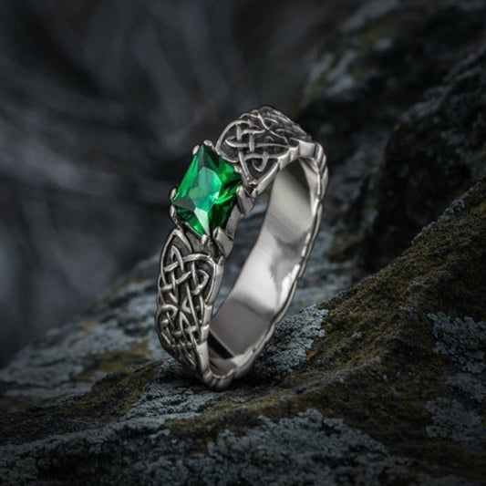 Norse Ornament Ring with Green Cubic Zirconia Sterling Silver Handmade Jewelry