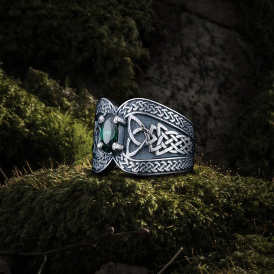 Norse Ring with Green Gem Sterling Silver Jewelry