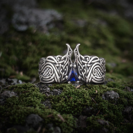 Unique Viking ravens ring with blue gem, handcrafted norse ornament jewelry