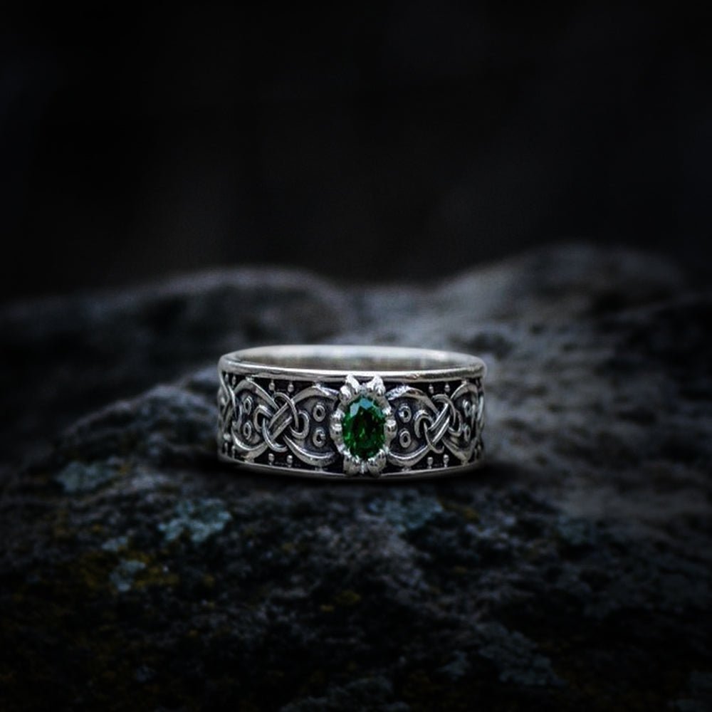 Viking Ring with Scandinavian Ornament and Cubic Zirconia Sterling Silver Unique Jewelry