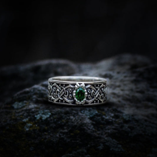 Viking Ring with Scandinavian Ornament and Cubic Zirconia Sterling Silver Unique Jewelry