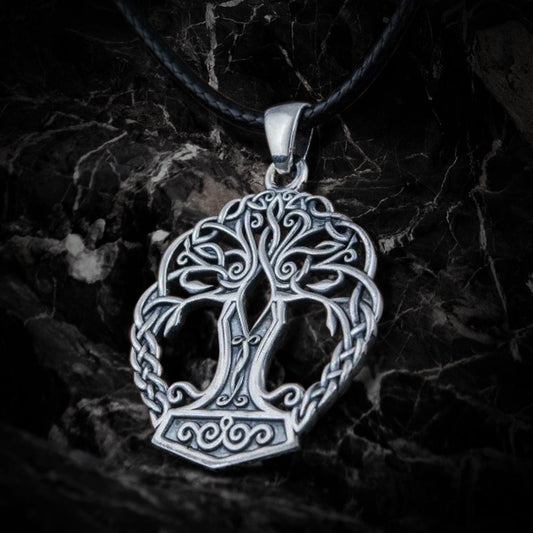 Yggdrasil with Mjolnir Pendant Handmade Sterling Silver Viking Necklace