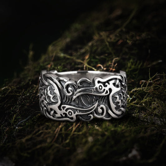 Sterling silver Viking ring with Ravens and unique ornament, handcrafted ancient style jewelry