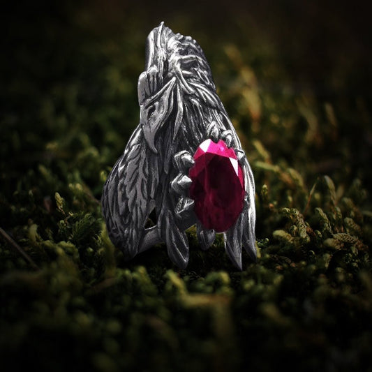 Unique 925 Silver Raven Ring With Gem, Handcrafted Jewelry