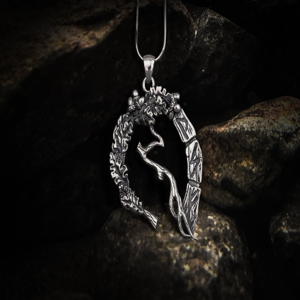 Unique sterling silver pendant with Oak branch, leaves, and runes, handcrafted jewelry