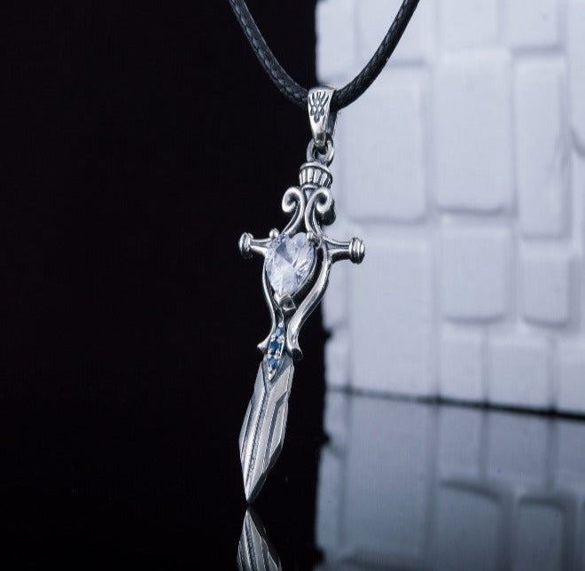 Norse Sword with Cubic Zirconia Pendant Sterling Silver Handmade Jewelry