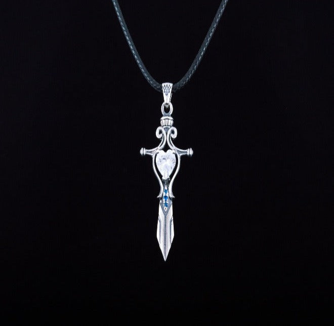 Norse Sword with Cubic Zirconia Pendant Sterling Silver Handmade Jewelry