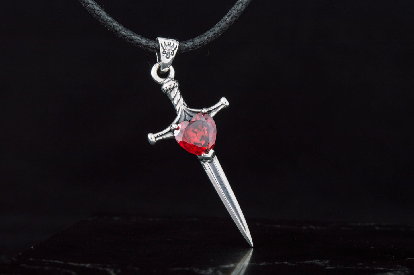 Viking Sword Pendant with Red Cubic Zirconia Sterling Silver Handmade Jewelry