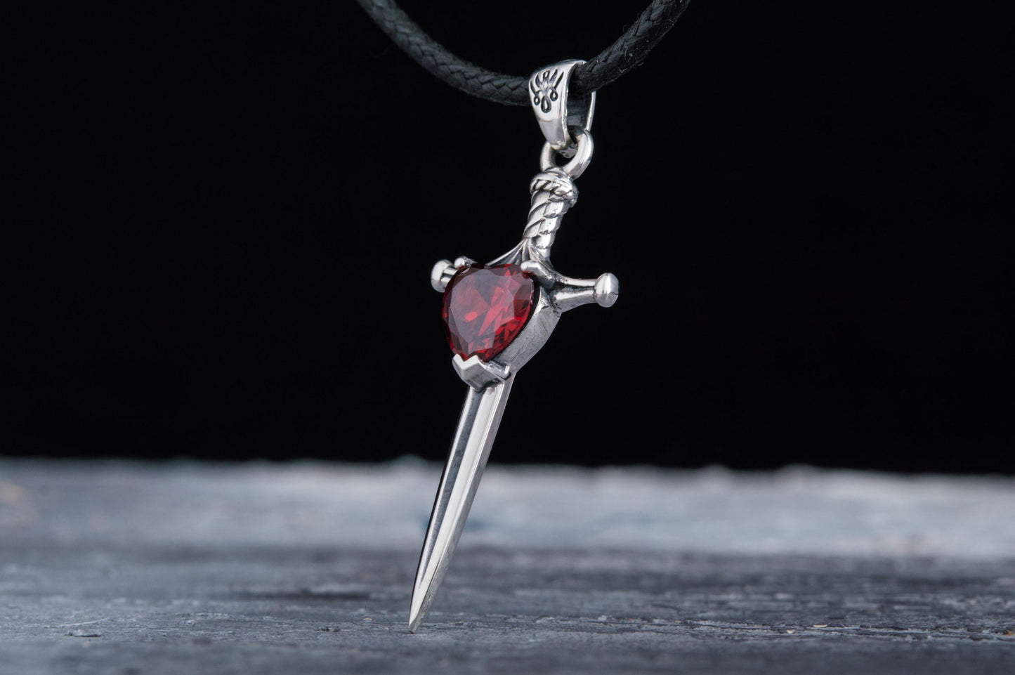 Viking Sword Pendant with Red Cubic Zirconia Sterling Silver Handmade Jewelry