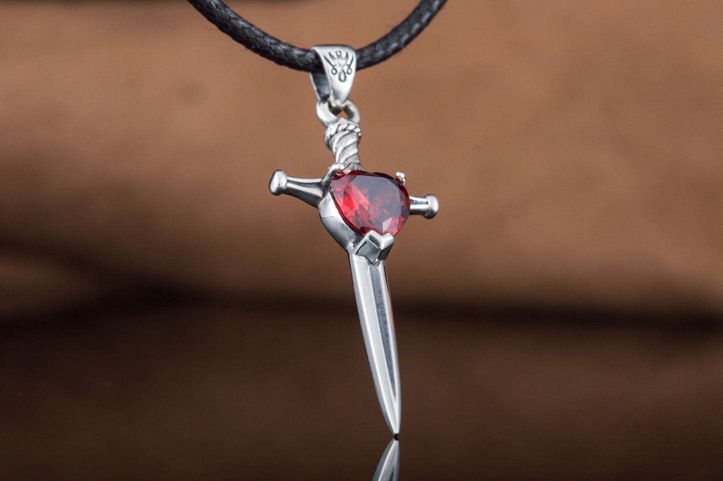 Viking Sword Pendant with Red Cubic Zirconia Sterling Silver Handmade Jewelry