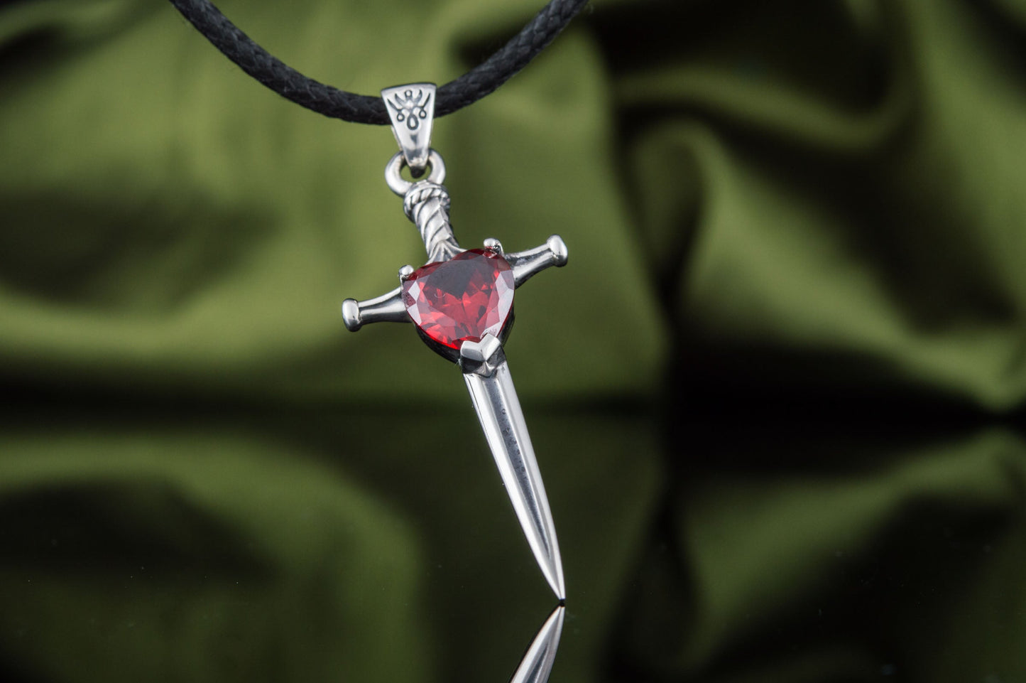 Viking Sword Pendant with Red Cubic Zirconia Sterling Silver Handmade Jewelry