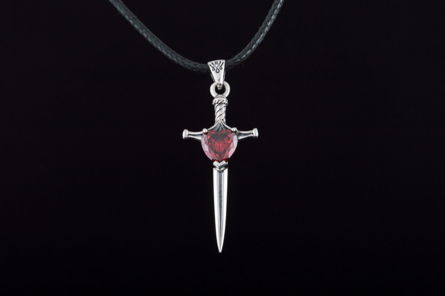 Viking Sword Pendant with Red Cubic Zirconia Sterling Silver Handmade Jewelry