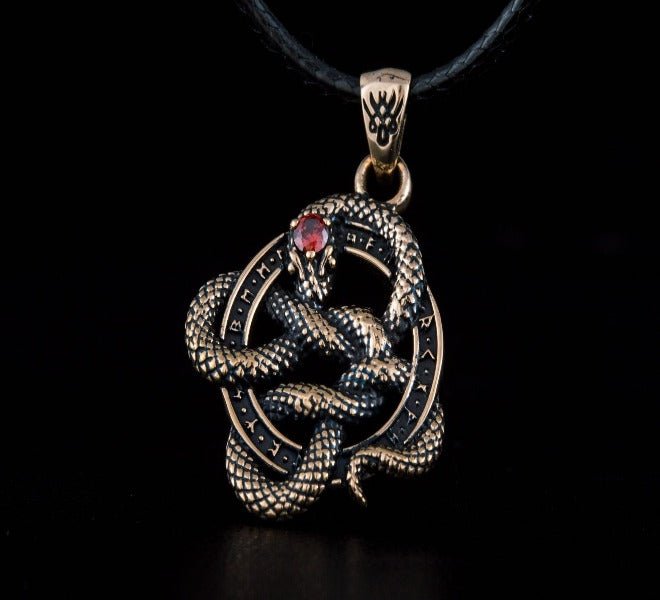 Snake Pendant with Runes and Red Cubic Zirconia Bronze Norse Jewelry