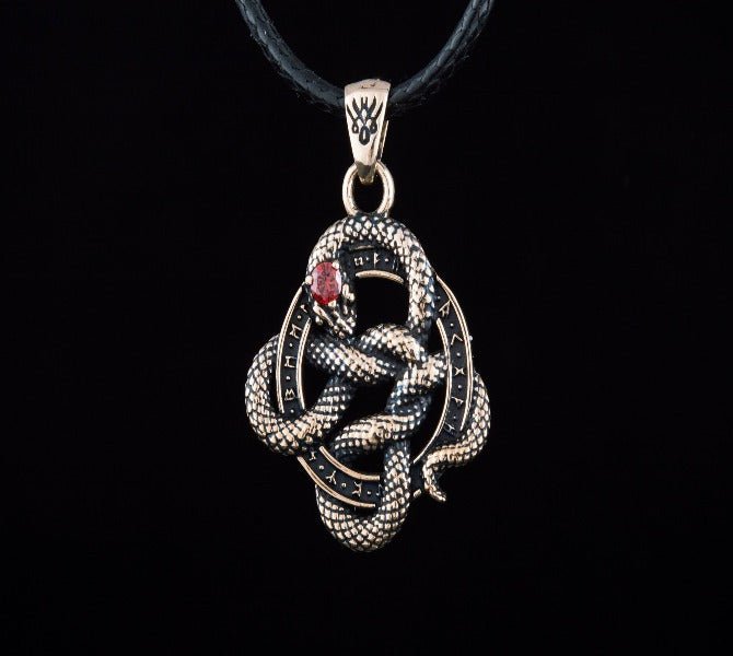 Snake Pendant with Runes and Red Cubic Zirconia Bronze Norse Jewelry