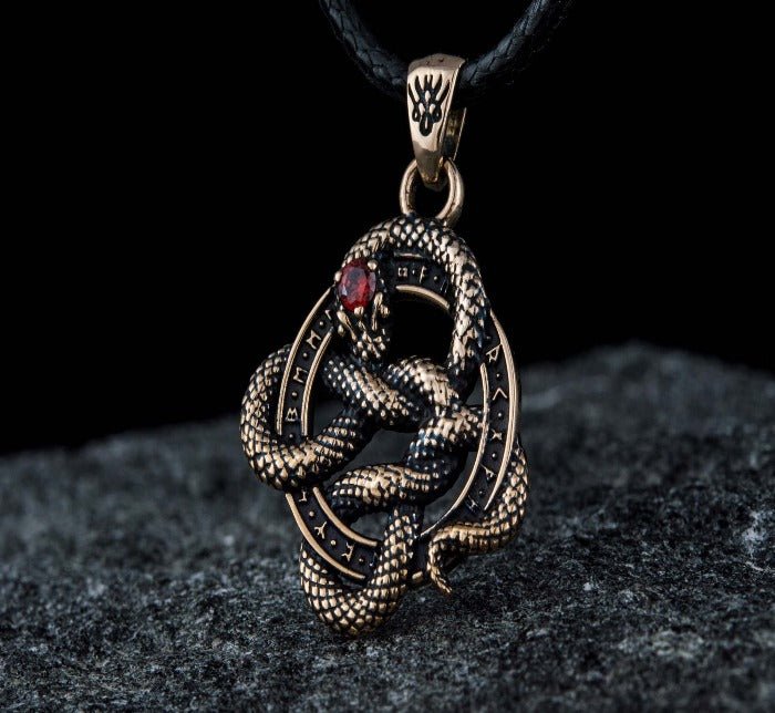 Snake Pendant with Runes and Red Cubic Zirconia Bronze Norse Jewelry