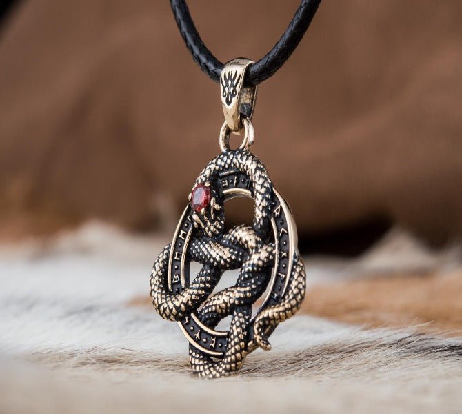 Snake Pendant with Runes and Red Cubic Zirconia Bronze Norse Jewelry