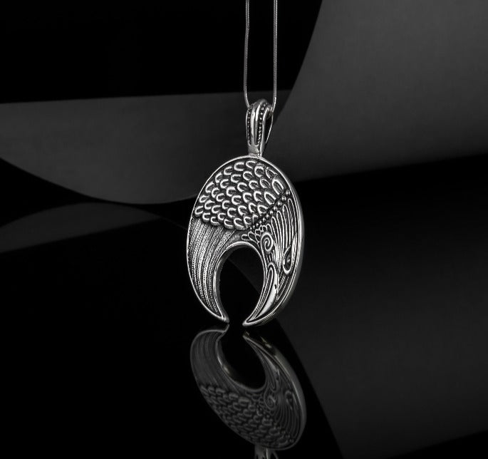 Lunula Pendant Sterling Silver Female Necklace with Raven Symbol