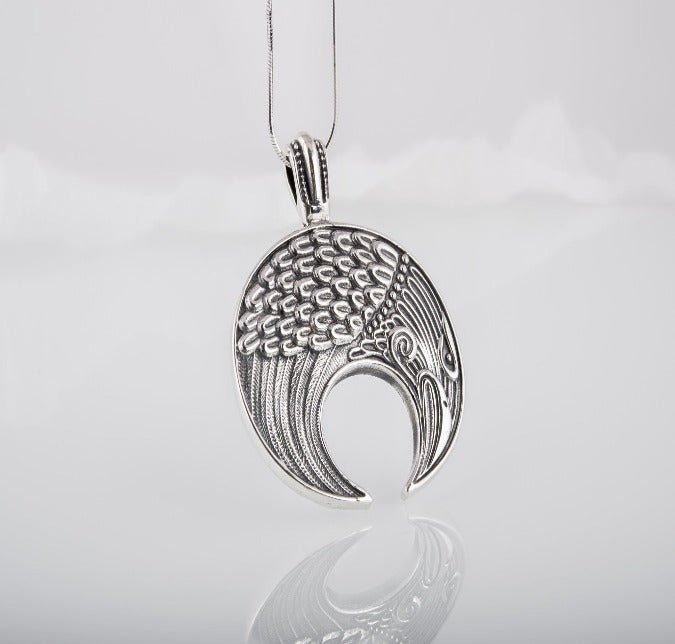 Lunula Pendant Sterling Silver Female Necklace with Raven Symbol