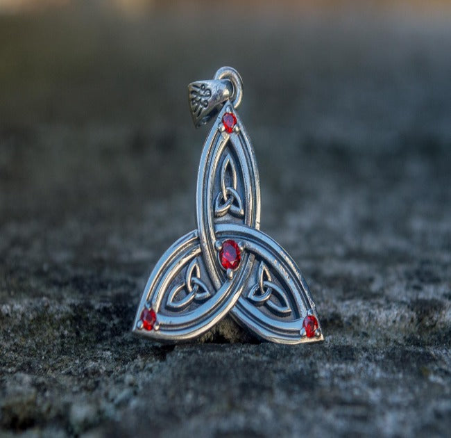 Triquetra Symbol Pendant with Red Cubic Zirconia Sterling Silver Celtic Jewelry