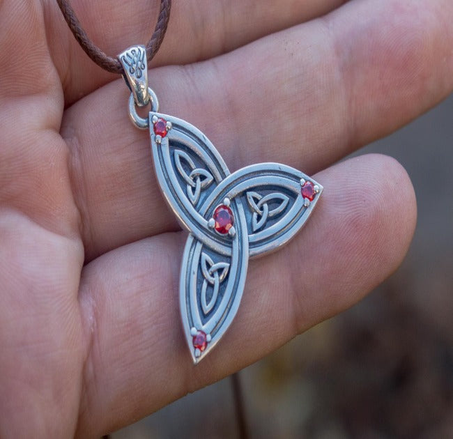 Triquetra Symbol Pendant with Red Cubic Zirconia Sterling Silver Celtic Jewelry