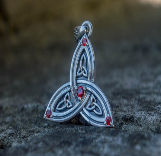 Triquetra Symbol Pendant with Red Cubic Zirconia Sterling Silver Celtic Jewelry