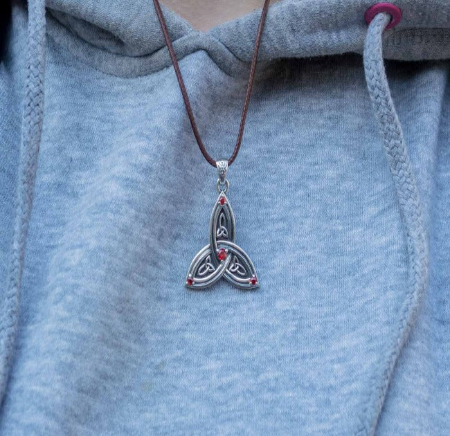 Triquetra Symbol Pendant with Red Cubic Zirconia Sterling Silver Celtic Jewelry