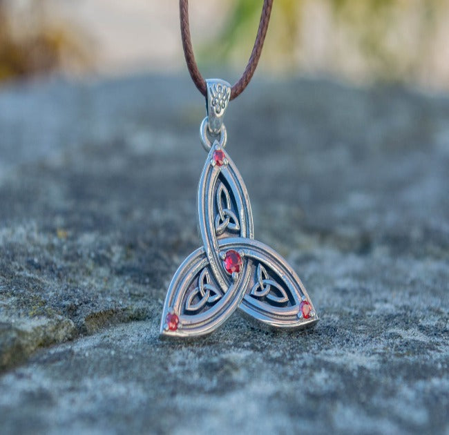 Triquetra Symbol Pendant with Red Cubic Zirconia Sterling Silver Celtic Jewelry