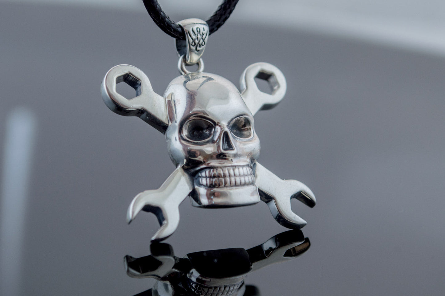 Skull with Wrench Pendant Sterling Silver Biker Jewelry