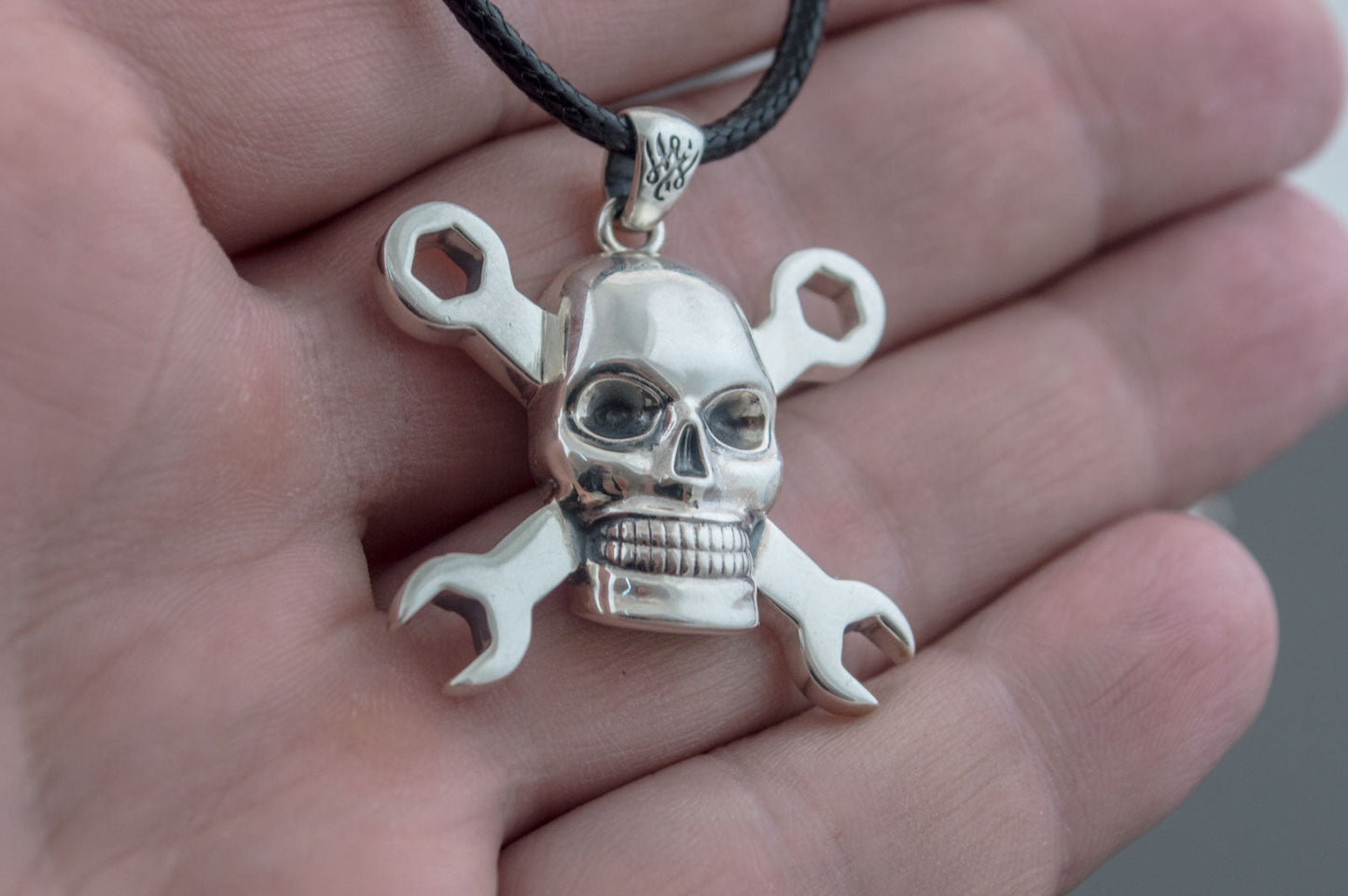 Skull with Wrench Pendant Sterling Silver Biker Jewelry