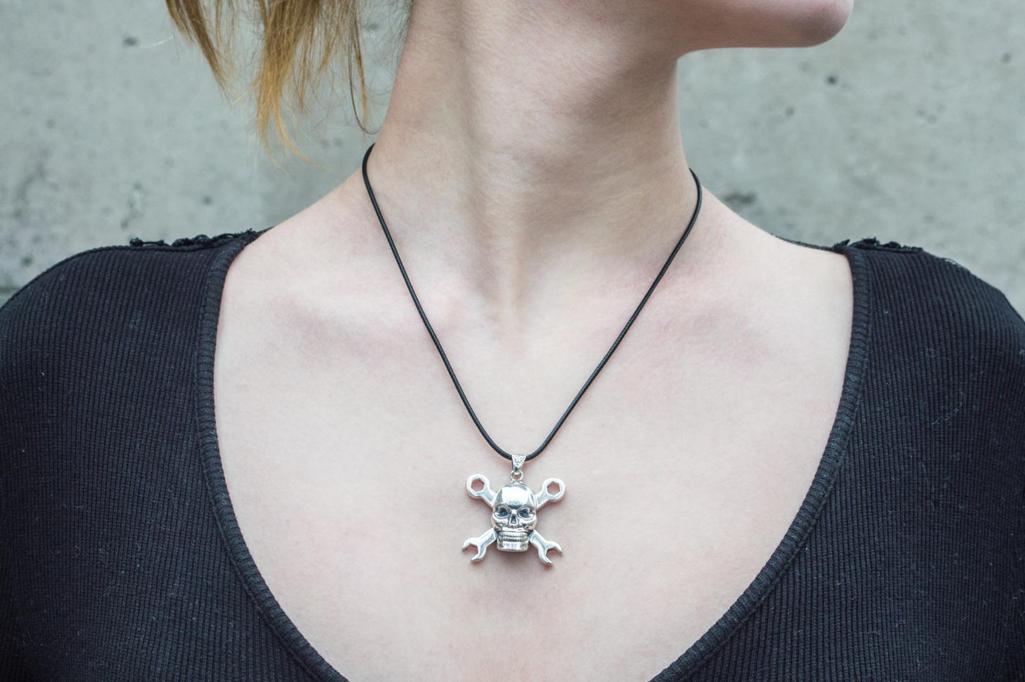 Skull with Wrench Pendant Sterling Silver Biker Jewelry