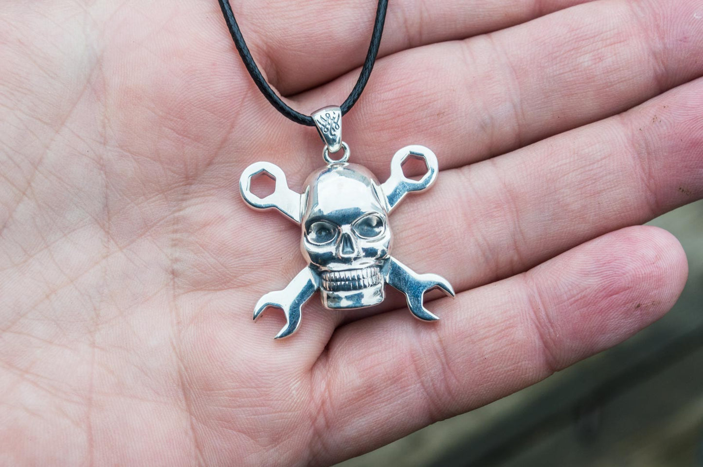 Skull with Wrench Pendant Sterling Silver Biker Jewelry