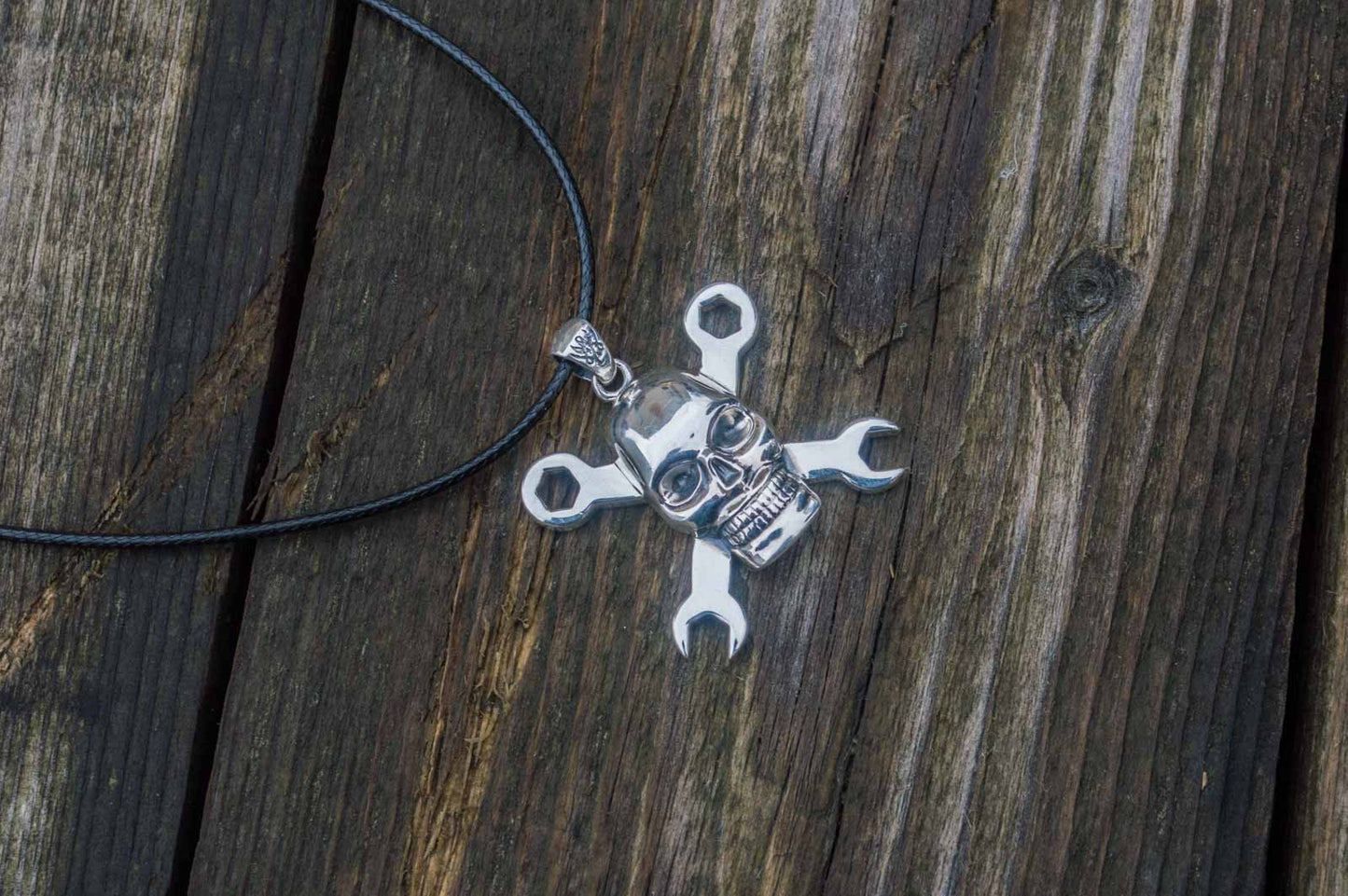 Skull with Wrench Pendant Sterling Silver Biker Jewelry