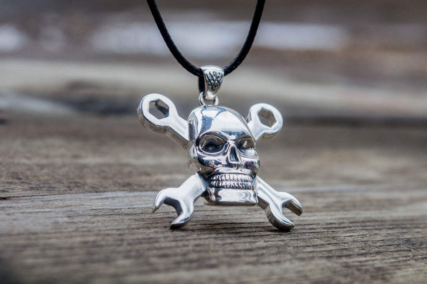 Skull with Wrench Pendant Sterling Silver Biker Jewelry