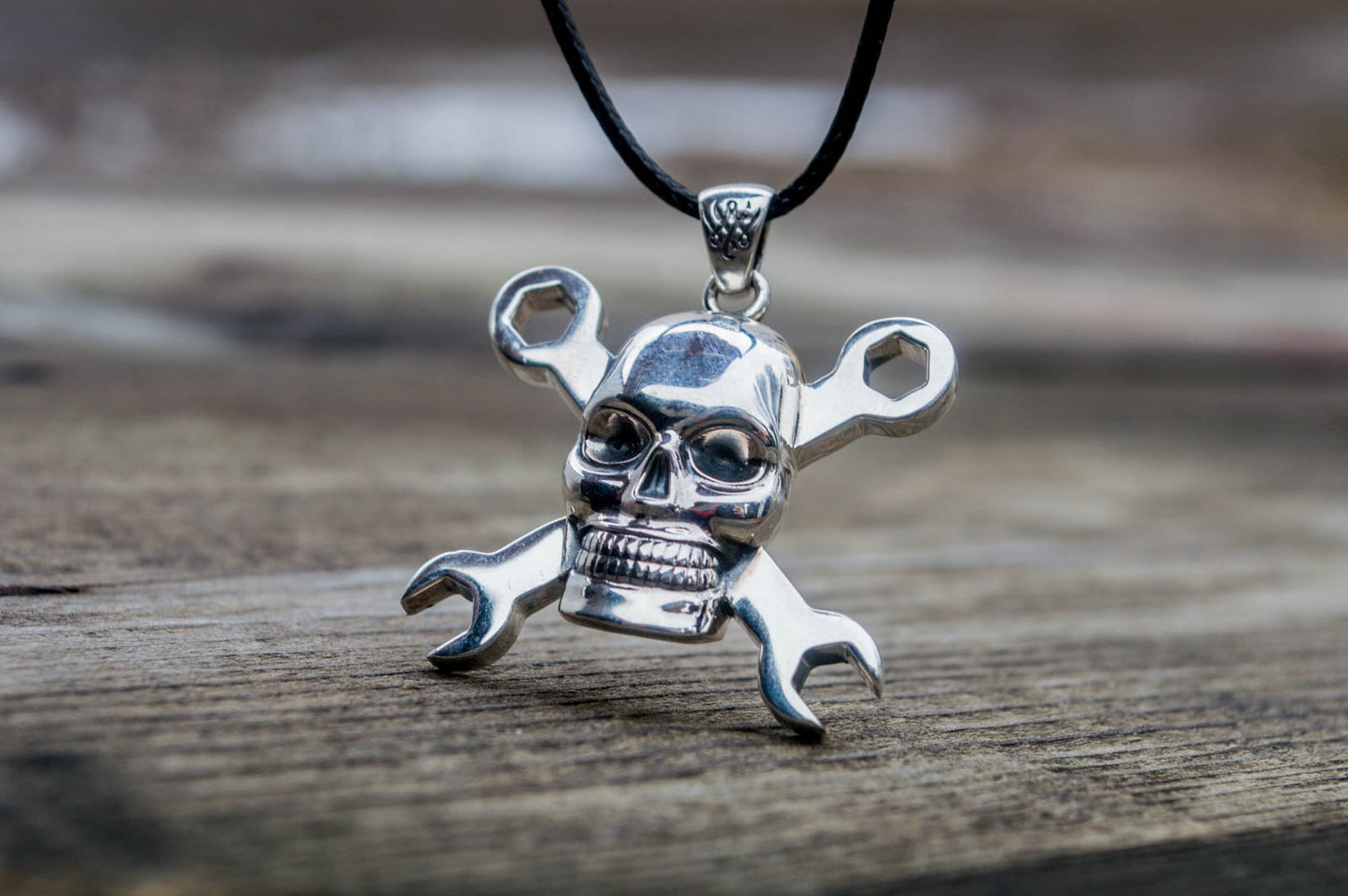 Skull with Wrench Pendant Sterling Silver Biker Jewelry