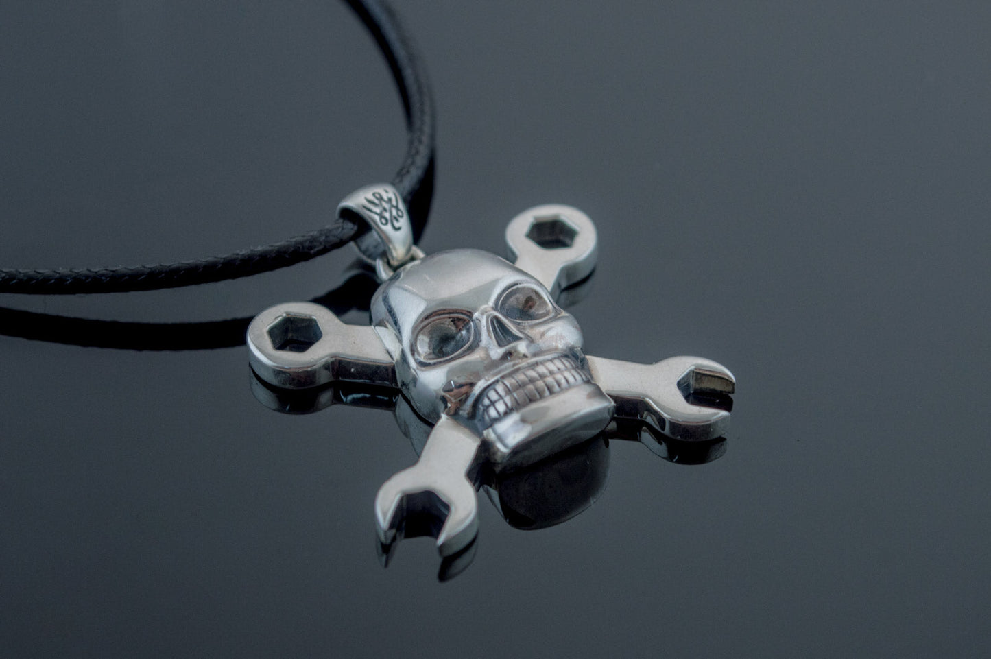 Skull with Wrench Pendant Sterling Silver Biker Jewelry