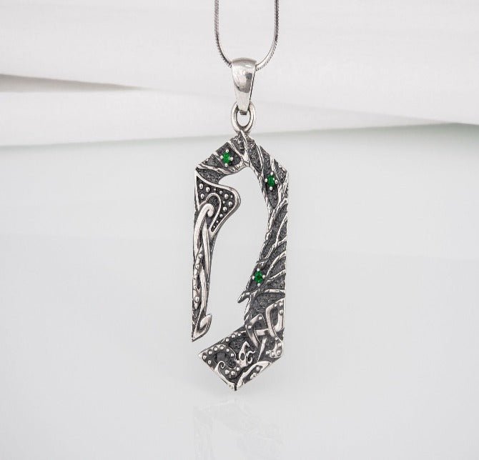 Handcrafted 925 silver Raven pendant with gems and ornament, unique Viking jewelry