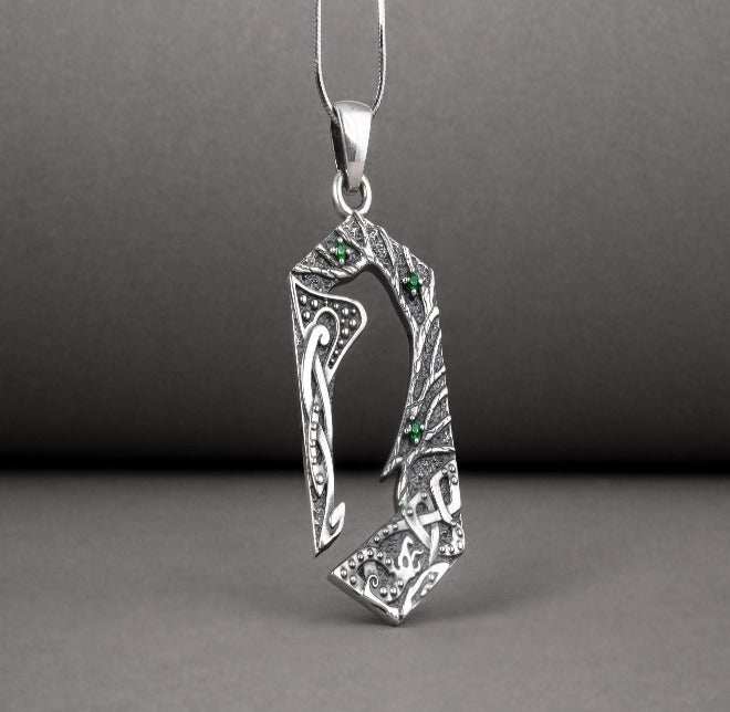 Handcrafted 925 silver Raven pendant with gems and ornament, unique Viking jewelry