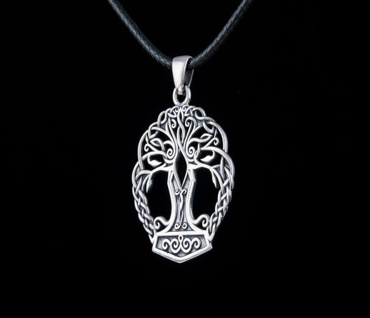 Yggdrasil with Mjolnir Pendant Handmade Sterling Silver Viking Necklace