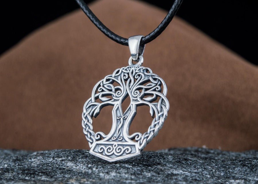 Yggdrasil with Mjolnir Pendant Handmade Sterling Silver Viking Necklace