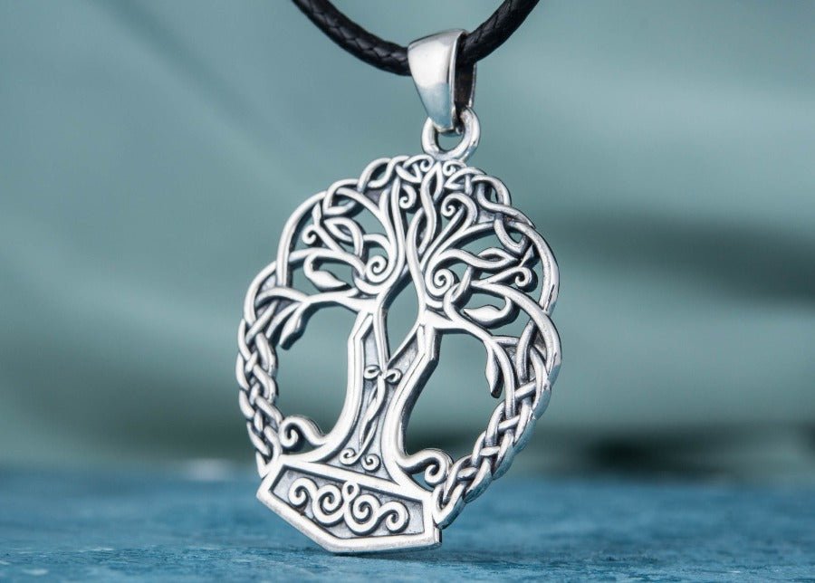 Yggdrasil with Mjolnir Pendant Handmade Sterling Silver Viking Necklace