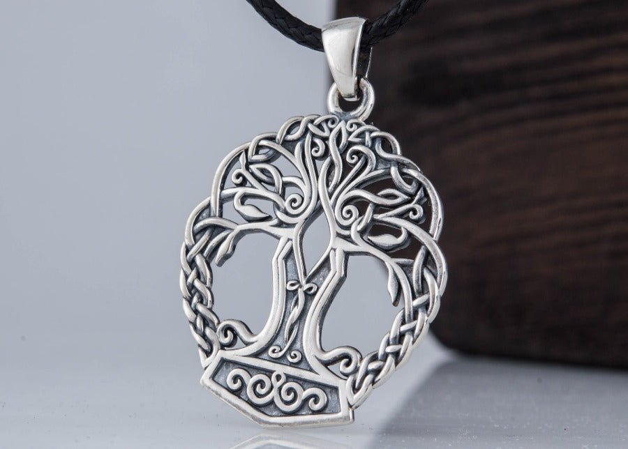 Yggdrasil with Mjolnir Pendant Handmade Sterling Silver Viking Necklace