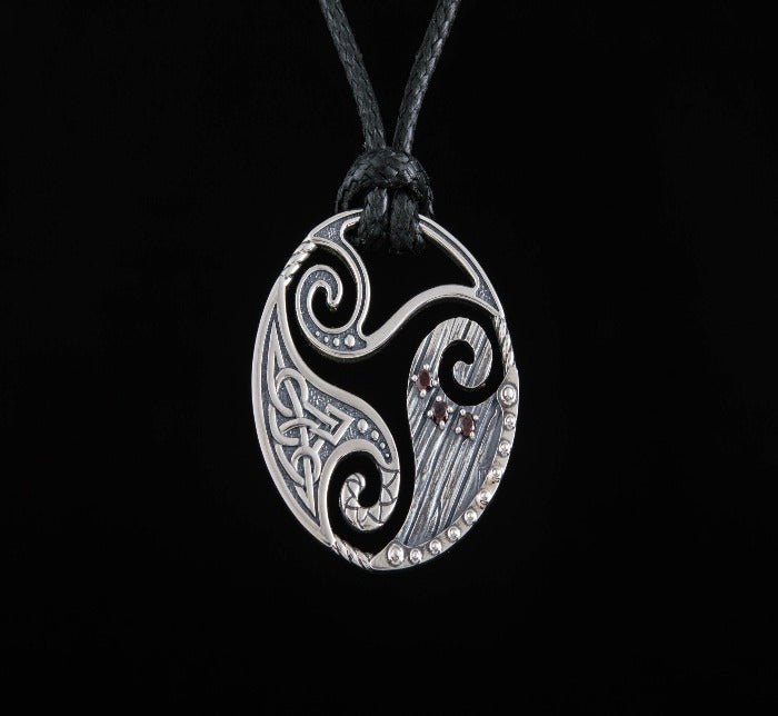 Circle Shield Pendant with Triskelion and CZ Ornament Sterling Silver Norse Jewelry