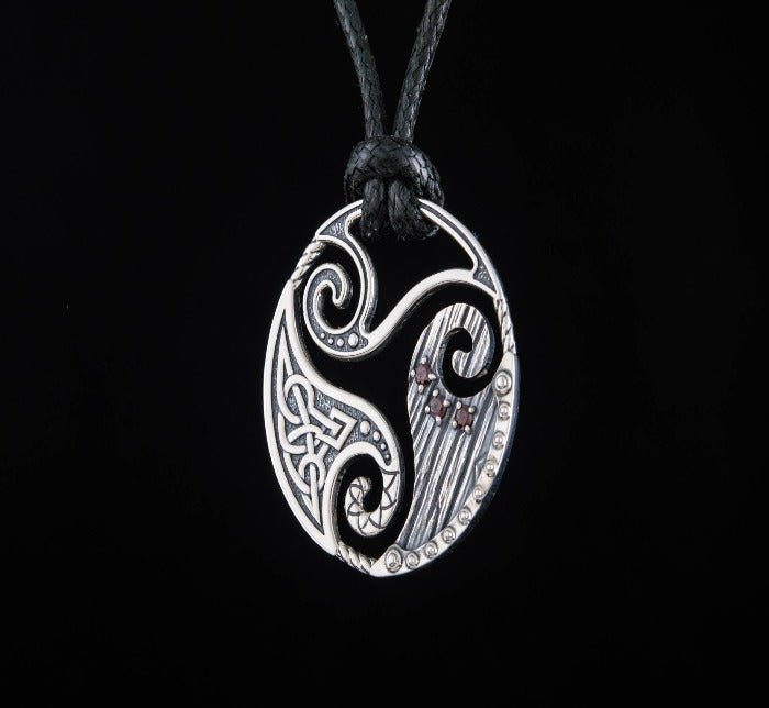 Circle Shield Pendant with Triskelion and CZ Ornament Sterling Silver Norse Jewelry