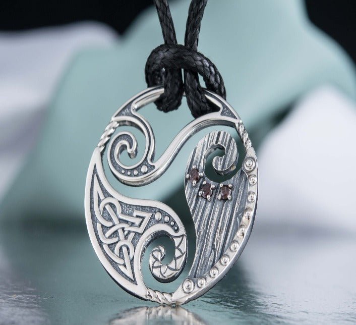 Circle Shield Pendant with Triskelion and CZ Ornament Sterling Silver Norse Jewelry