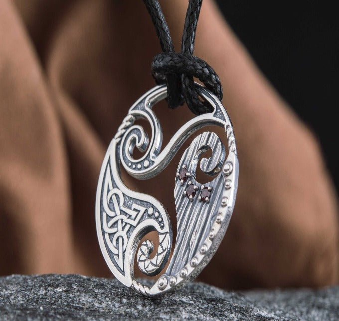 Circle Shield Pendant with Triskelion and CZ Ornament Sterling Silver Norse Jewelry