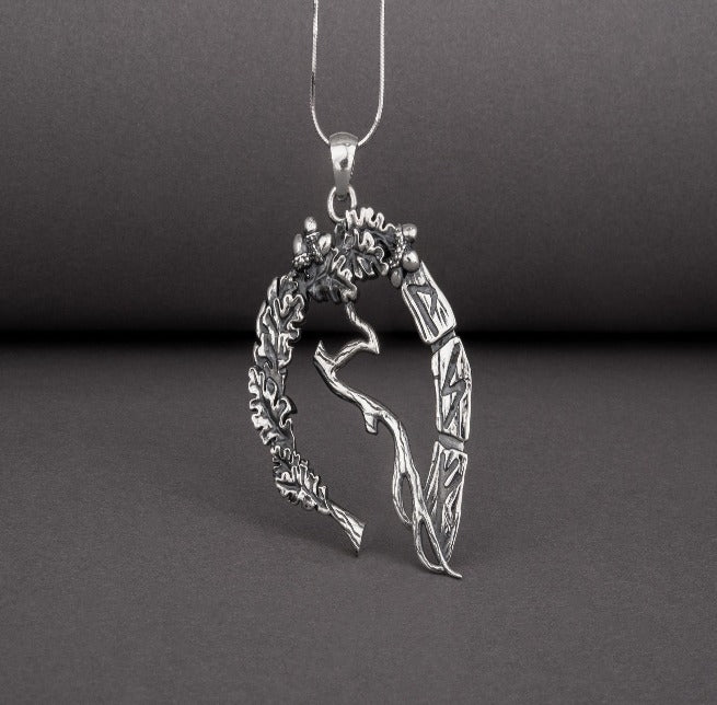 Unique sterling silver pendant with Oak branch, leaves, and runes, handcrafted jewelry