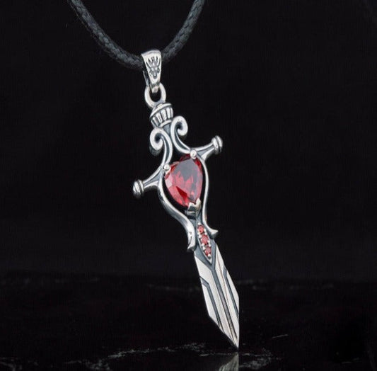 Norse Sword with Red Cubic Zirconia Pendant Sterling Silver Handmade Jewelry