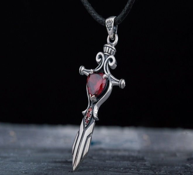 Norse Sword with Red Cubic Zirconia Pendant Sterling Silver Handmade Jewelry