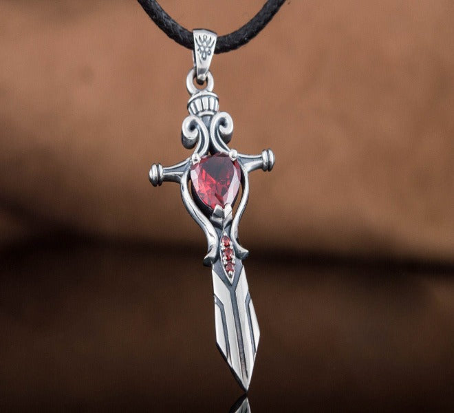 Norse Sword with Red Cubic Zirconia Pendant Sterling Silver Handmade Jewelry