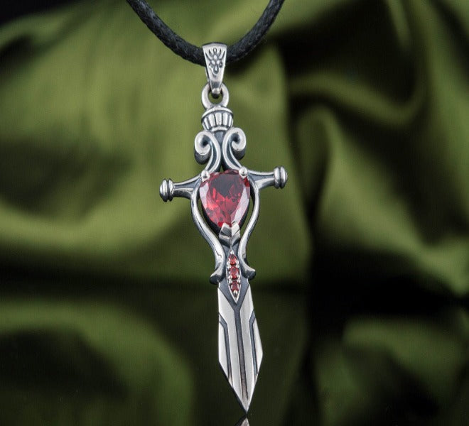 Norse Sword with Red Cubic Zirconia Pendant Sterling Silver Handmade Jewelry